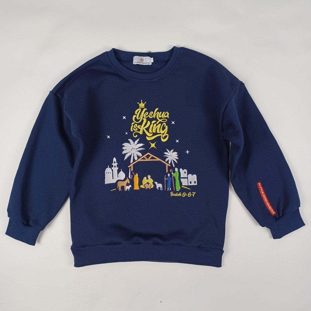 'YESHUA IS KING' KIDS  Embroidered Sweatshirt for boys & girls (9-12Yrs, Navy)