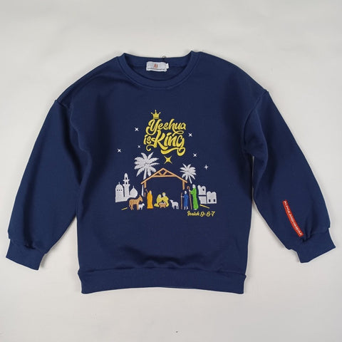 'YESHUA IS KING' Kids'  Embroidered Sweatshirt for Boys & Girls (9-12Yrs, Navy)