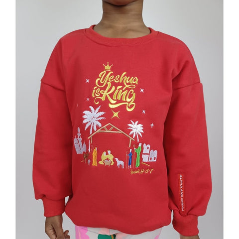 'YESHUA IS KING' Kids'  Embroidered Sweatshirt for Boys & Girls (3-8Yrs, Red)