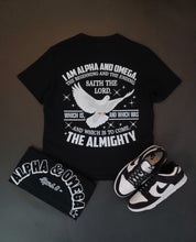 Load image into Gallery viewer, Alpha and Omega black and white T-shirt
