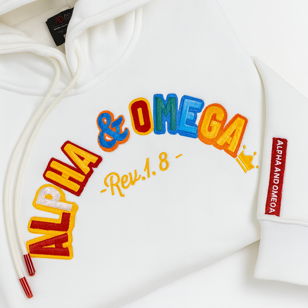 ALPHA AND OMEGA REV. 1. 8, Embroidered Hoodie