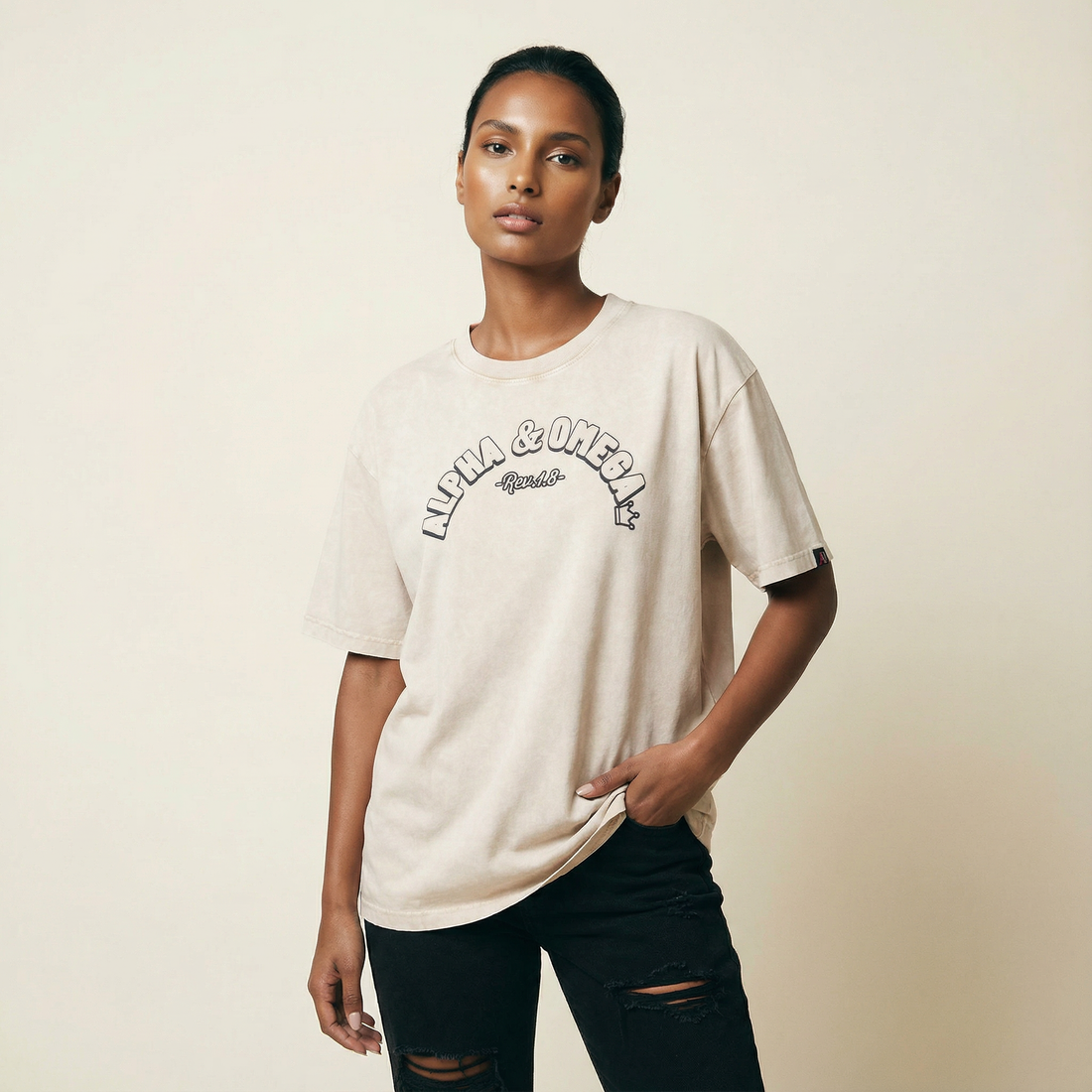 Washed Oversized AO Cutoff Beige T-Shirt