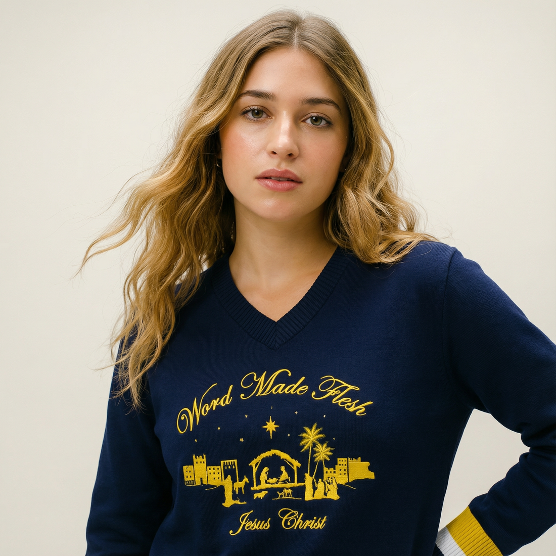 'WORD MADE FLESH' Knitted Navy V-Neck Christmas Sweater Jumper