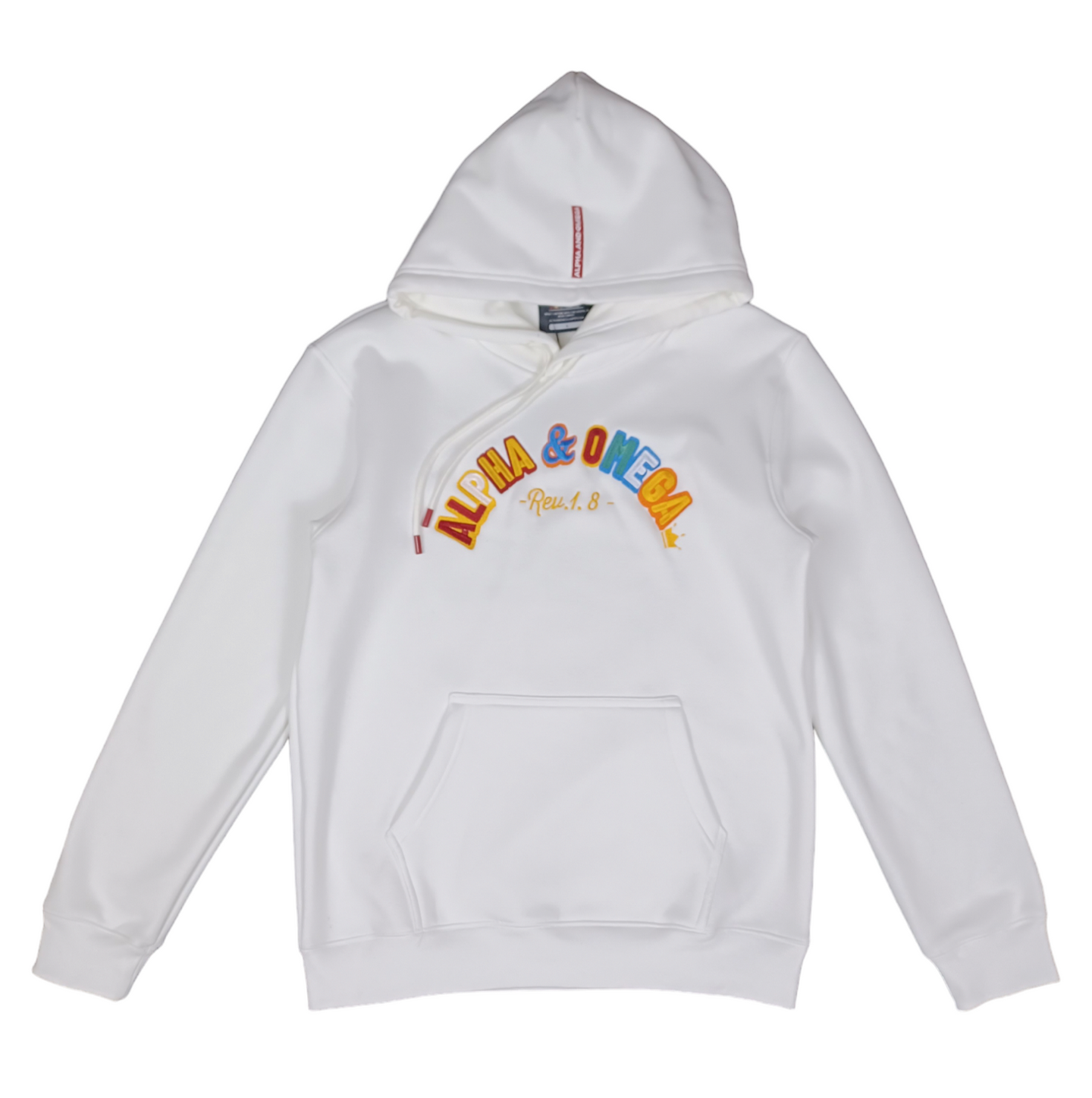 ALPHA AND OMEGA REV. 1. 8, Embroidered Hoodie (White)