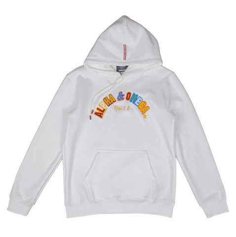 ALPHA AND OMEGA REV. 1. 8, Embroidered Hoodie (White) PRE-ORDER