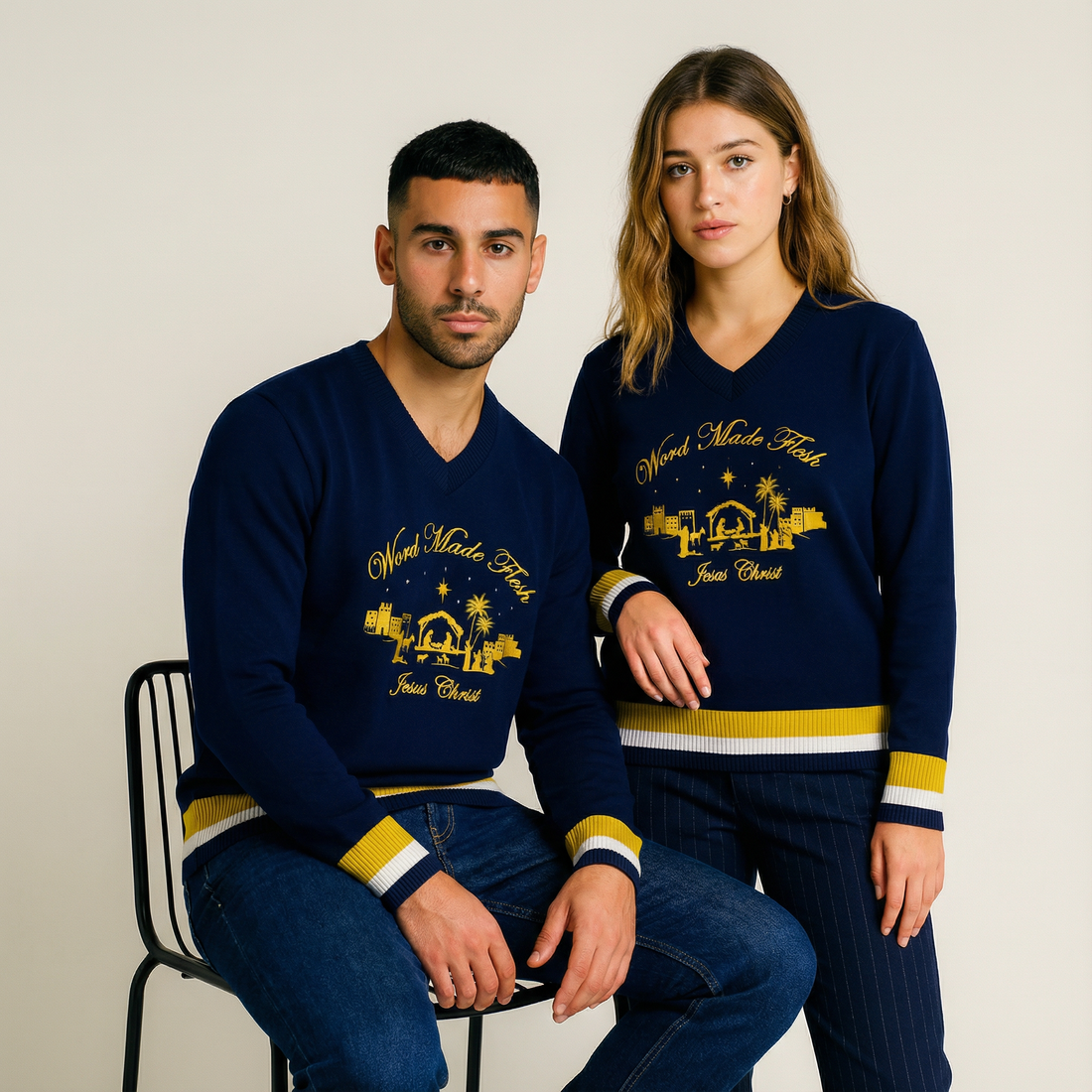 'WORD MADE FLESH' Knitted Navy V-Neck Christmas Sweater Jumper