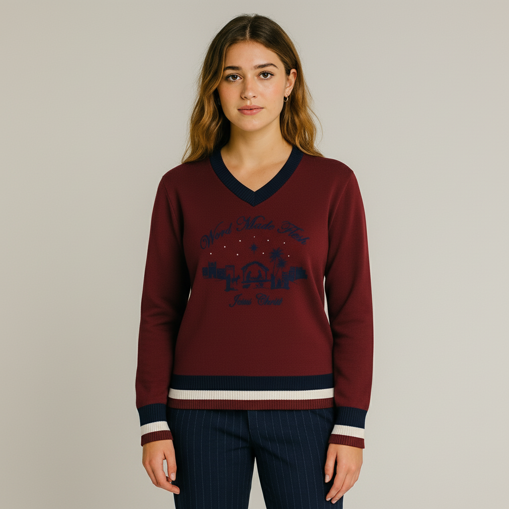 Word Made Flesh Knit Lux. V-Neck Burgundy Sweater Jumper