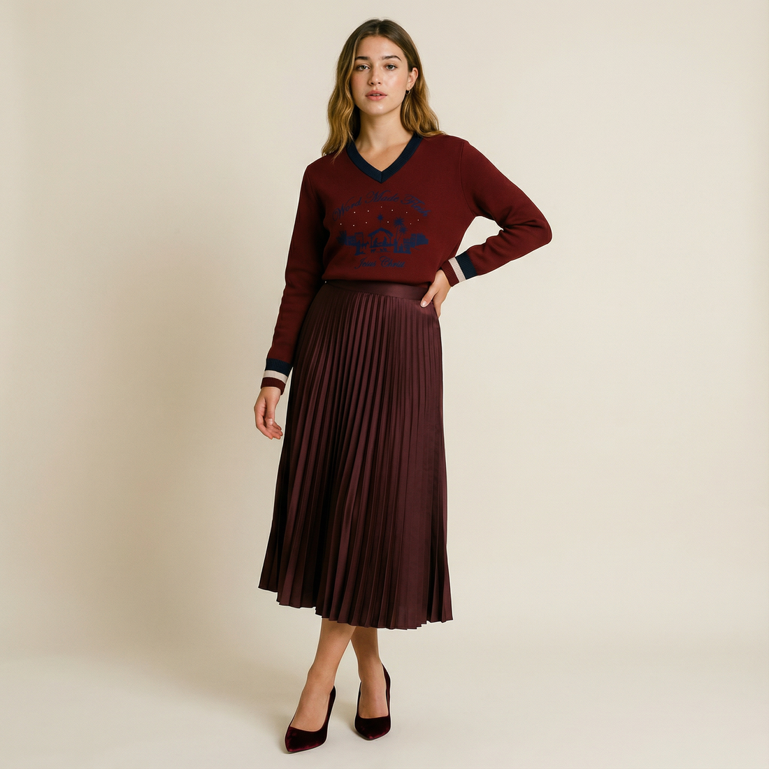 'WORD MADE FLESH' Knitted Burgundy V-Neck Christmas Sweater Jumper