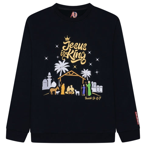 'JESUS IS KING 👑' Embroidered Crew Neck Black Sweatshirt