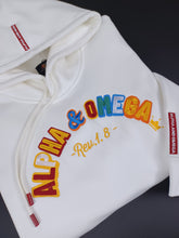 Load image into Gallery viewer, ALPHA AND OMEGA REV. 1. 8, Embroidered Hoodie (White) PRE-ORDER
