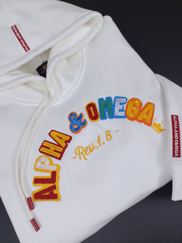 ALPHA AND OMEGA REV. 1. 8, Embroidered Hoodie (White) PRE-ORDER