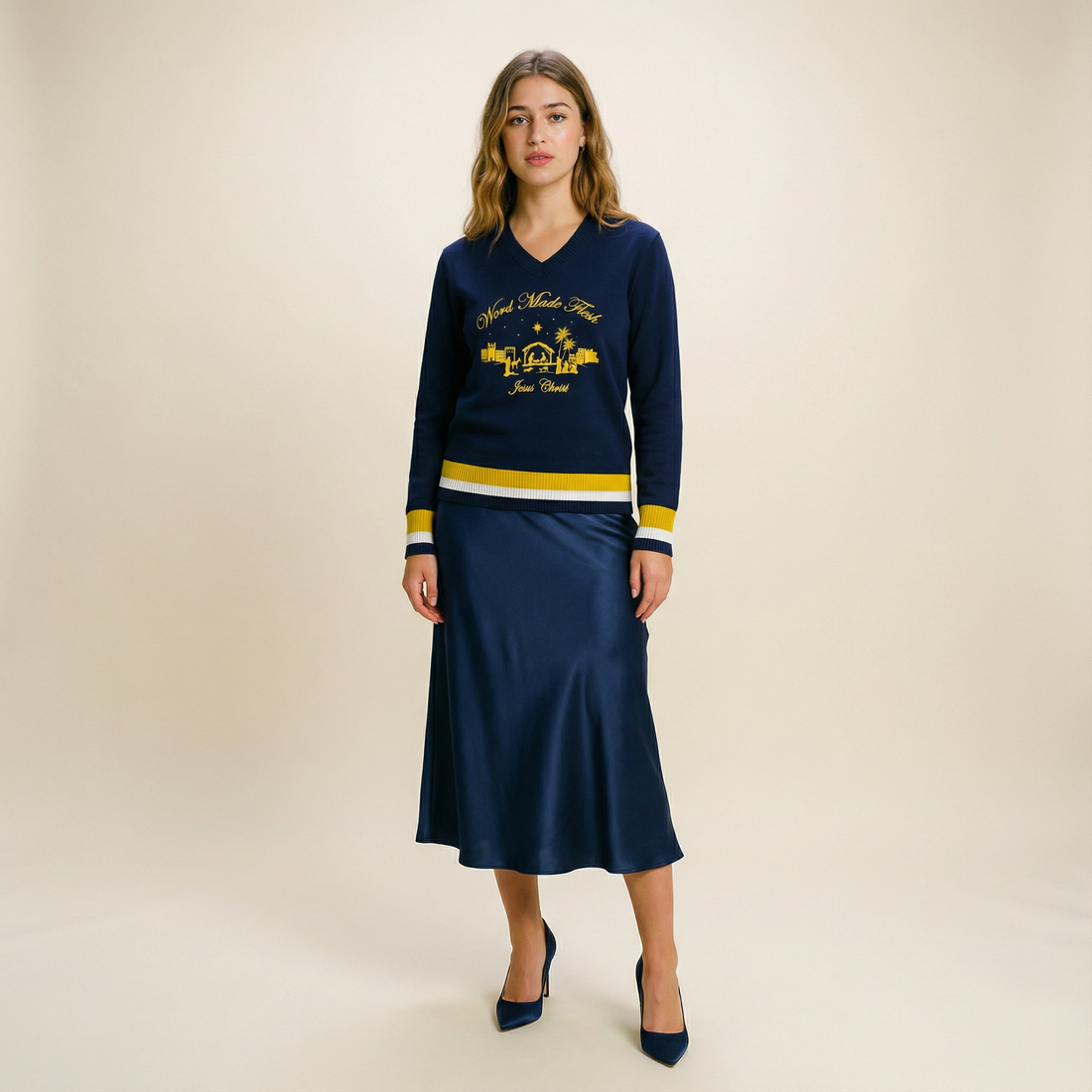 'WORD MADE FLESH' Knitted Navy V-Neck Christmas Sweater Jumper